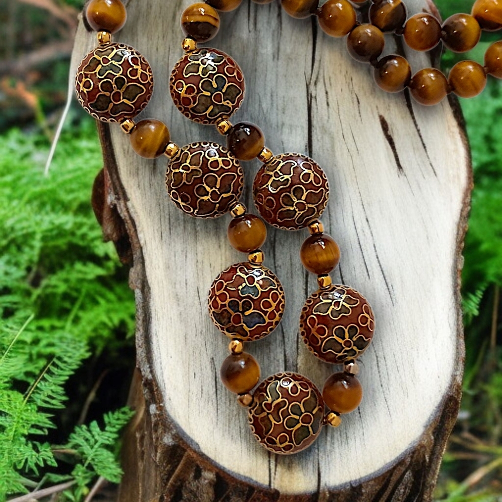 Vintage Tigers Eye‎ Bead Necklace Gold Floral Design Hand Knotted Iridescent MCM